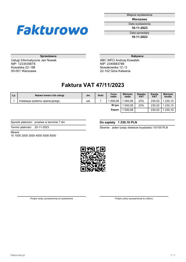 Faktura VAT wzór