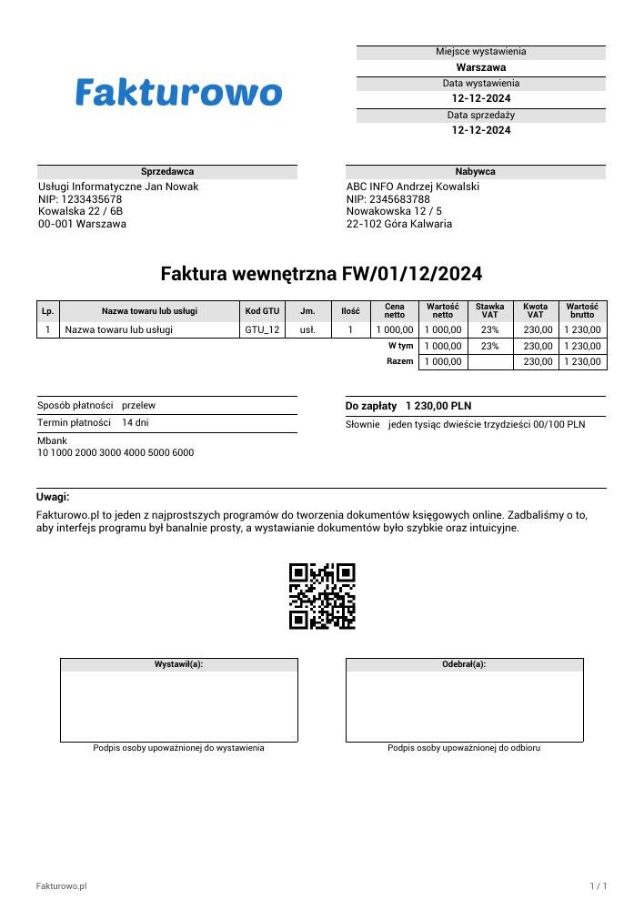 wzór PDF faktury wewnętrznej