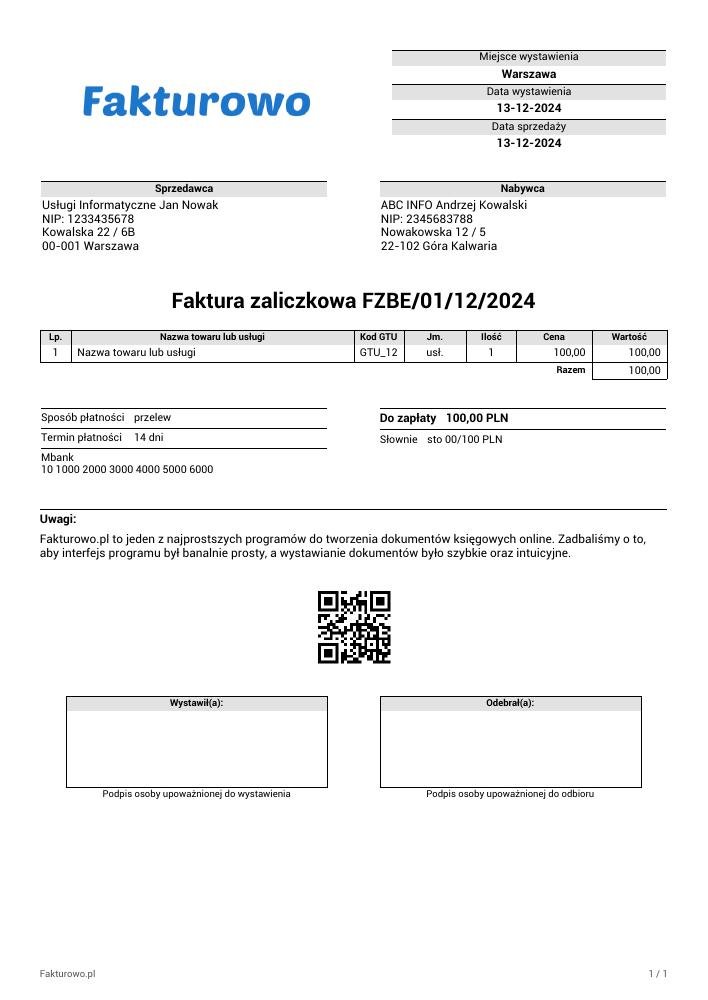 wzór PDF faktury zaliczkowej (bez vat)