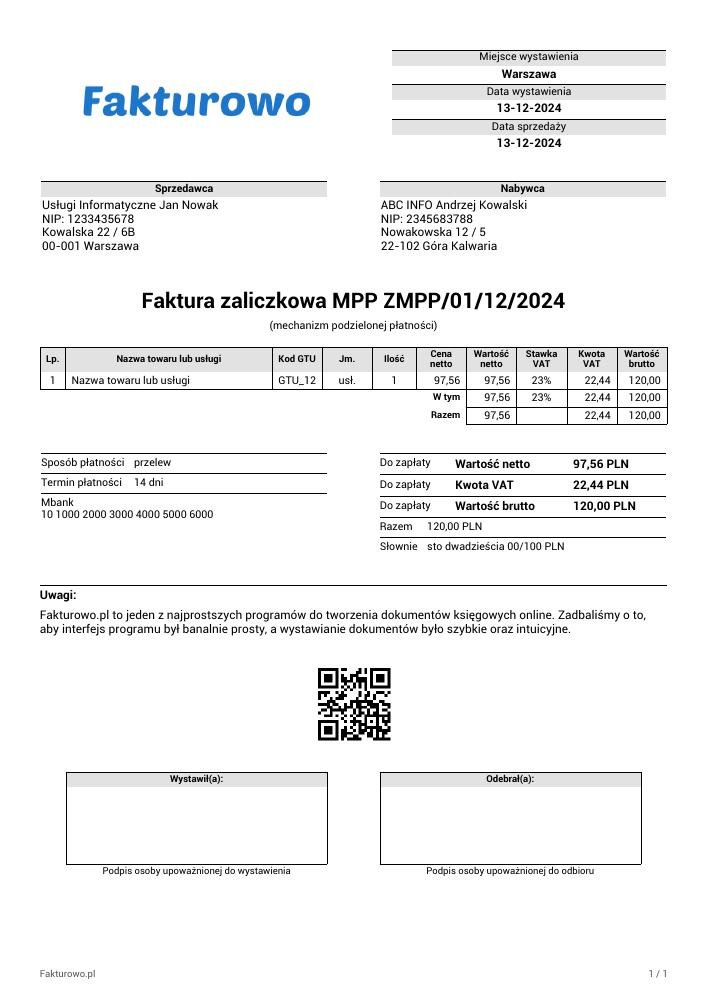 wzór PDF faktury zaliczkowej MPP (mechanizm podzielonej płatności)