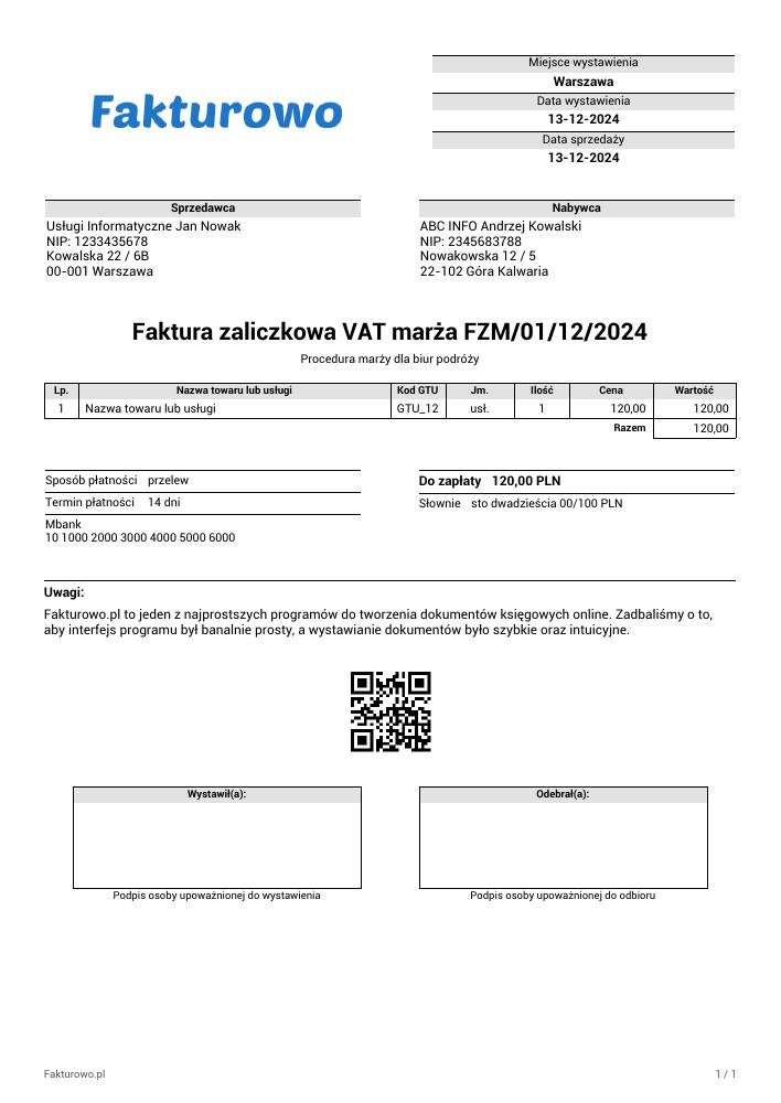 wzór PDF faktury zaliczkowej VAT marża