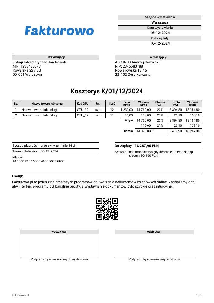 wzór PDF kosztorysu