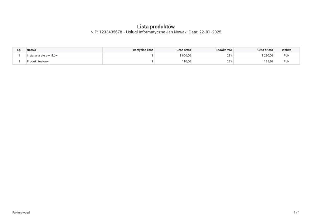 Lista produktów - wzór PDF