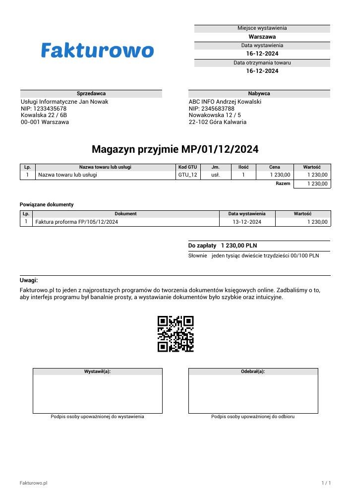 wzór PDF dokumentu - magazyn przyjmie (MP)