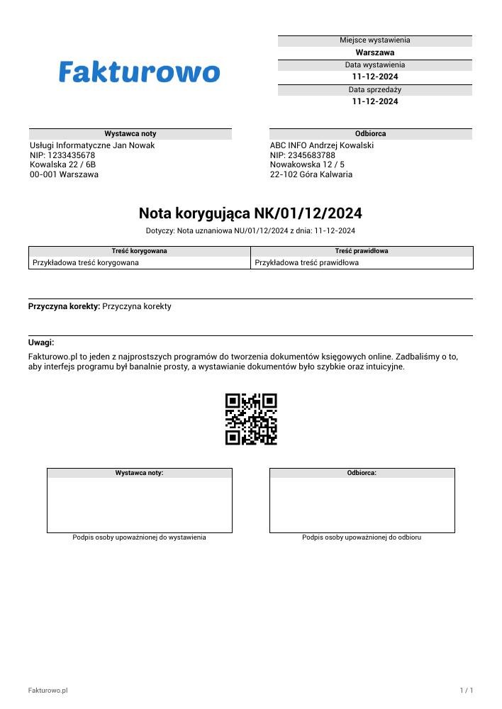 wzór PDF noty korygującej