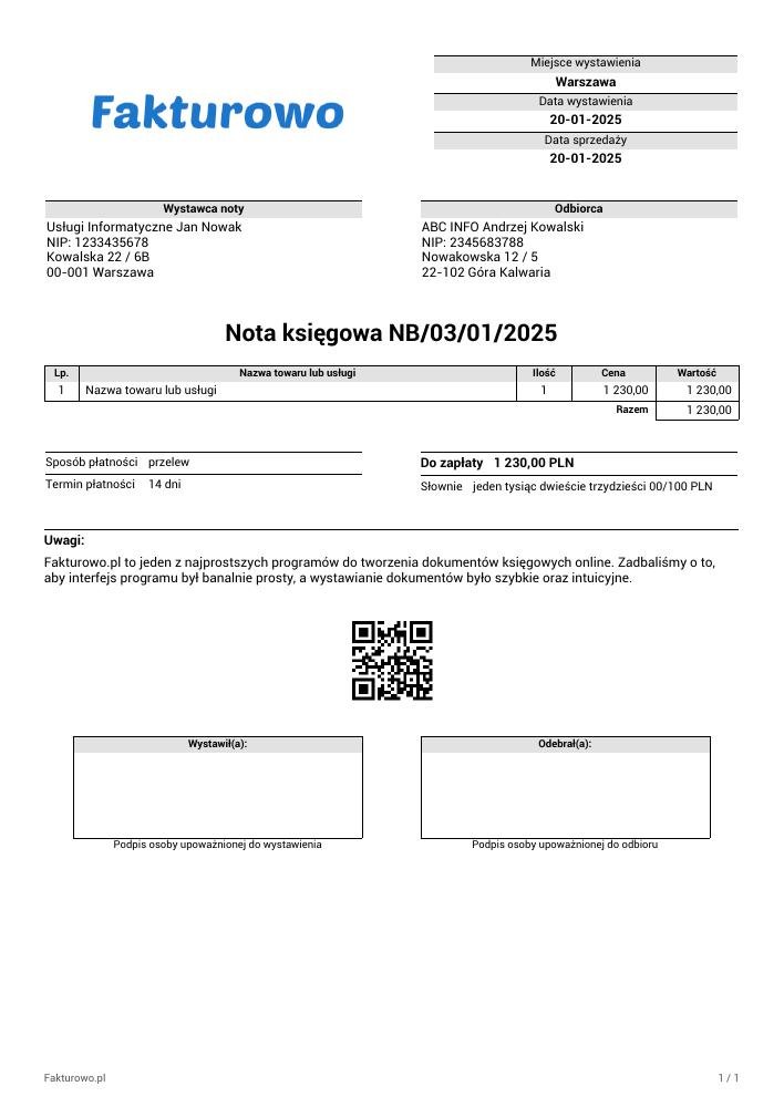 wzór PDF noty księgowej (bez jednostki miary)