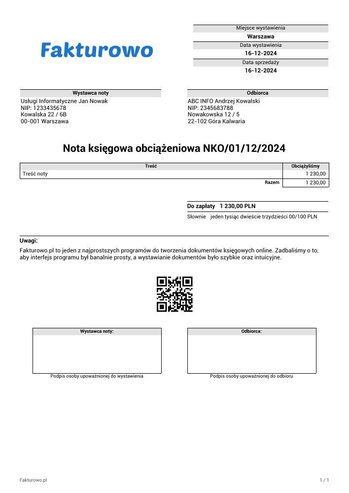 wzór PDF noty księgowej obciążeniowej