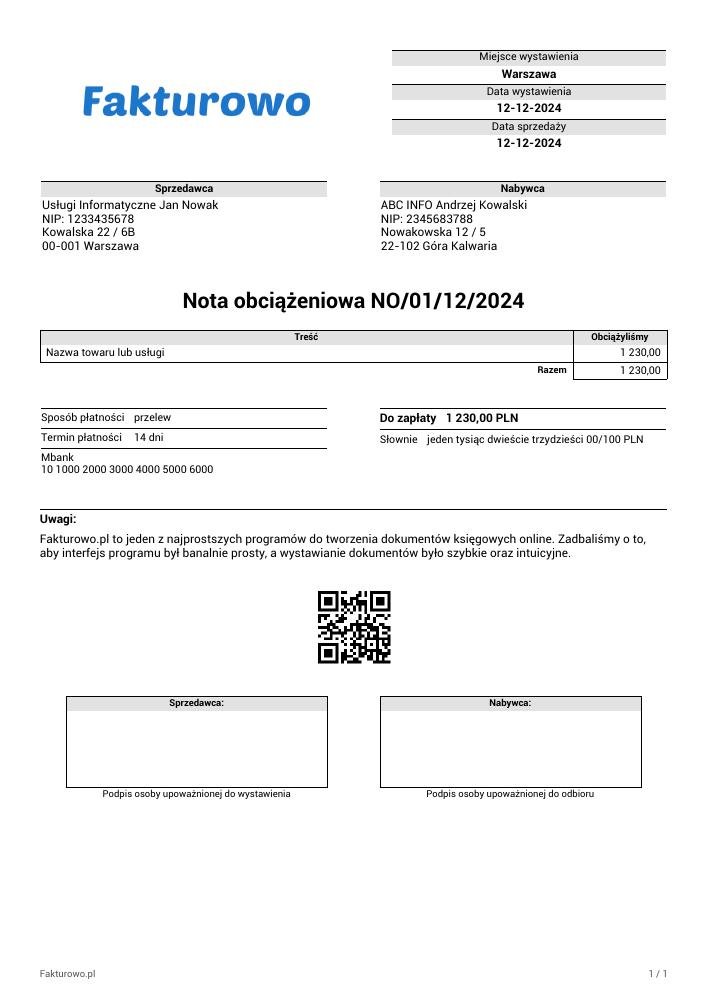 wzór PDF noty obciążeniowej
