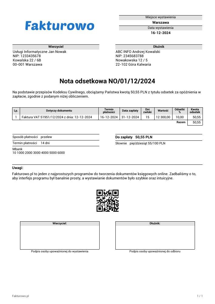 wzór PDF noty odsetkowej