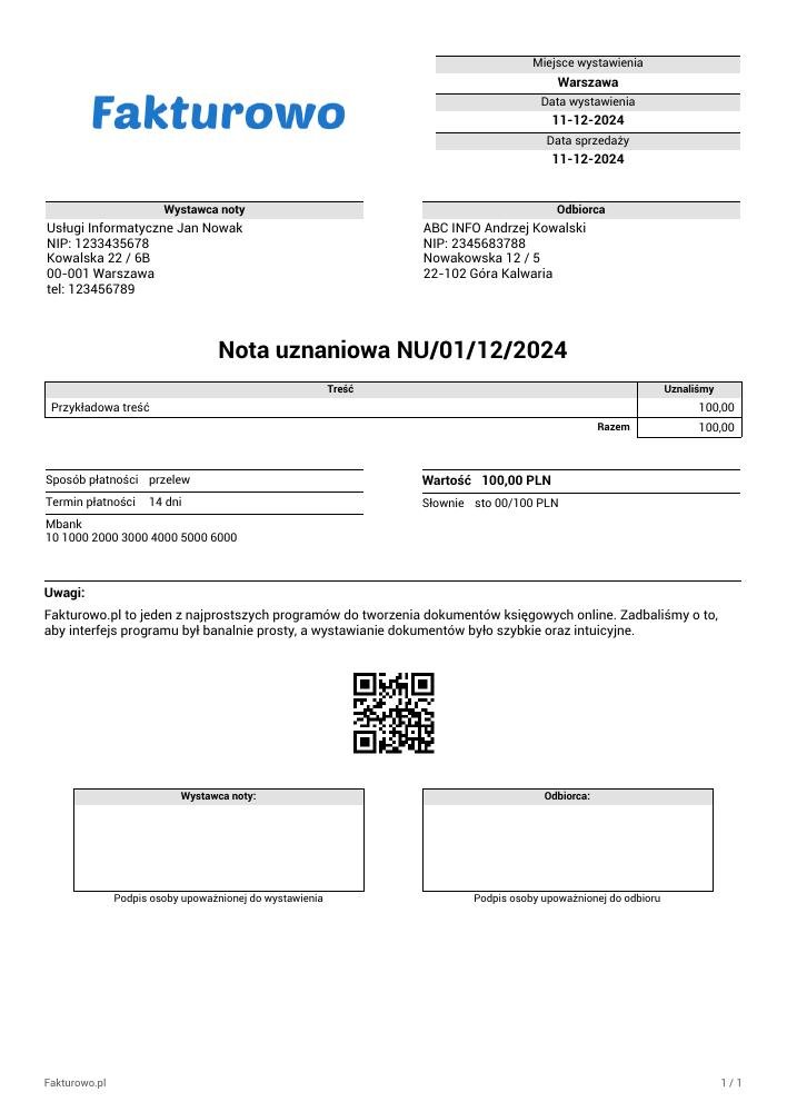 wzór PDF noty uznaniowej