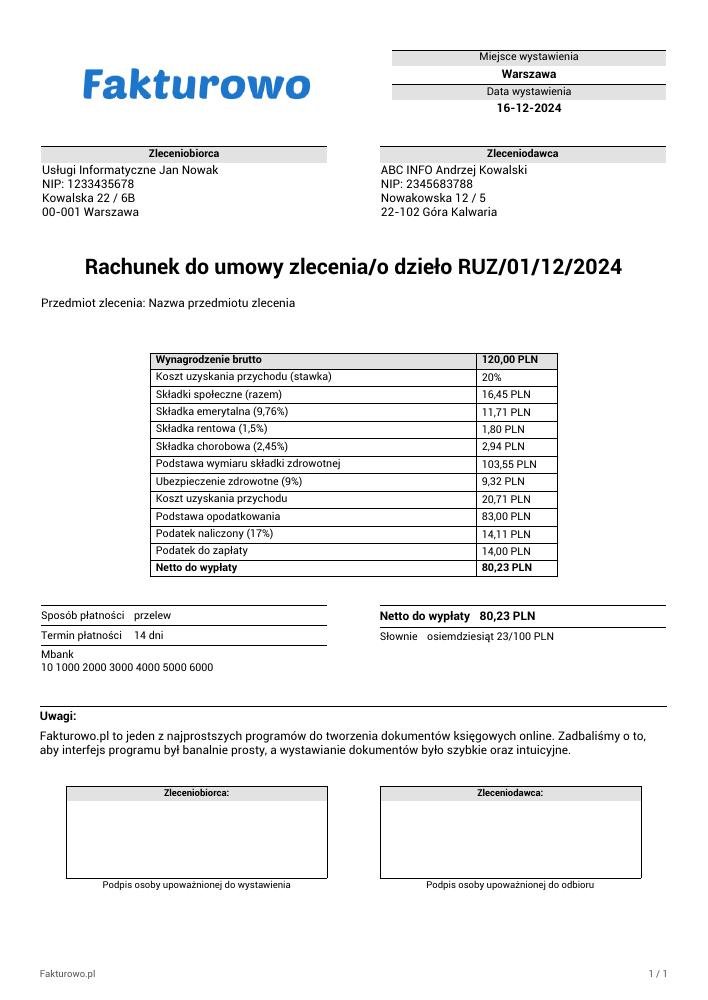 wzór PDF rachunku do umowy zlecenia/o dzieło (zaliczka od 2022 roku)