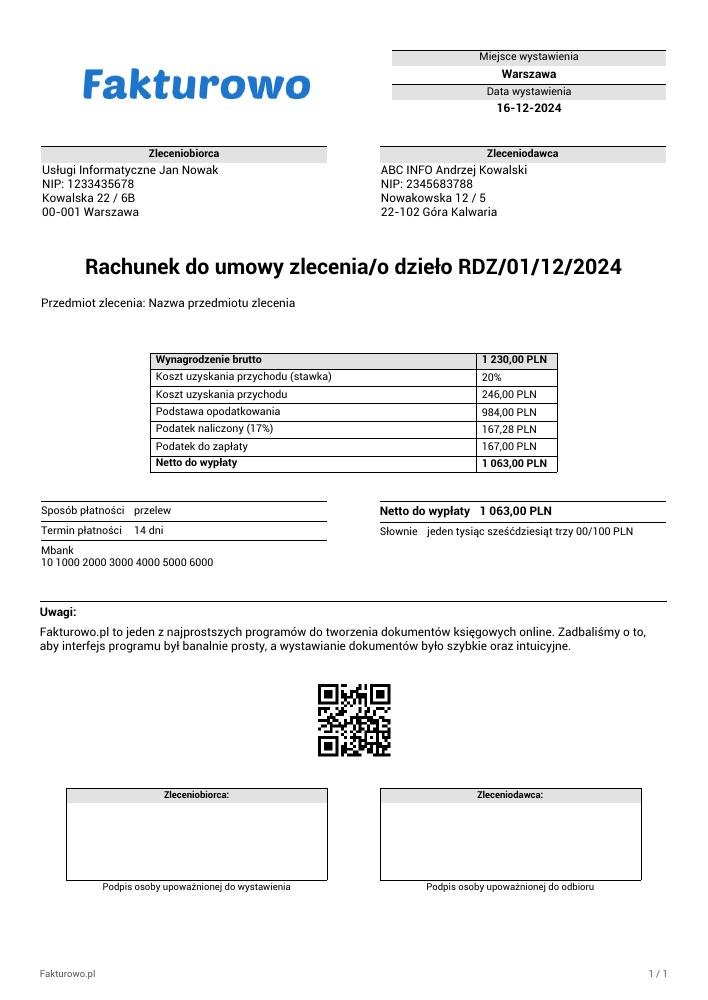 wzór PDF rachunku do umowy zlecenia/o dzieło (zaliczka)