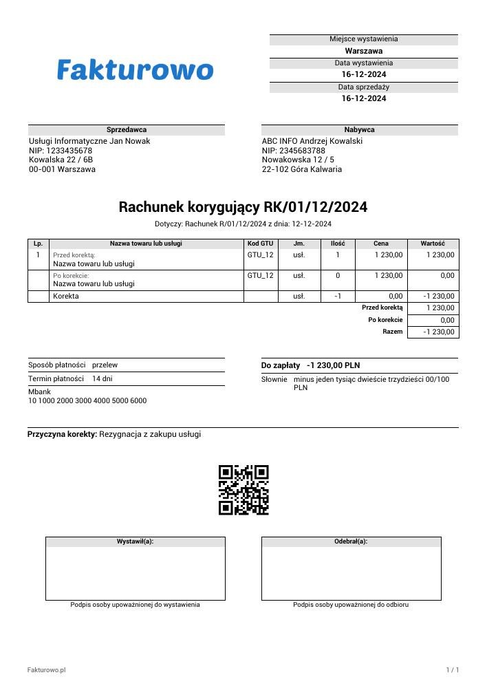 wzór PDF rachunku korygującego