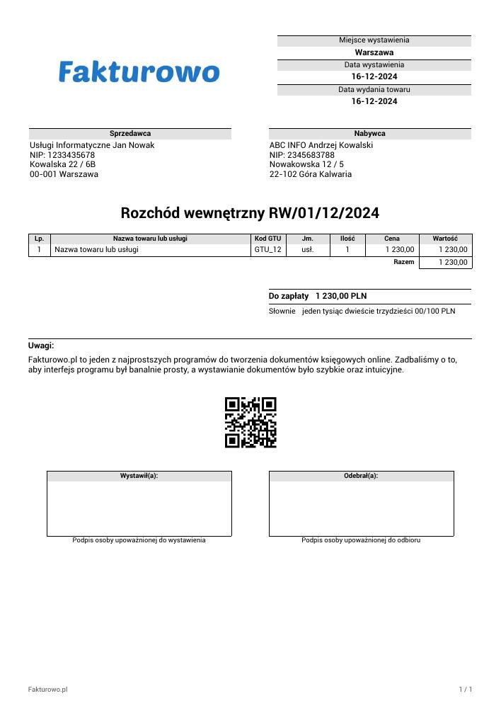 wzór PDF rozchodu wewnętrznego (RW)