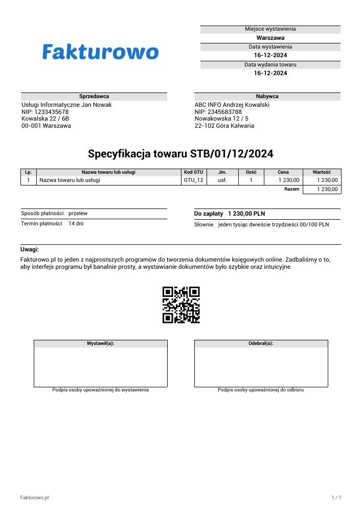 wzór PDF specyfikacji towaru (bez VAT)