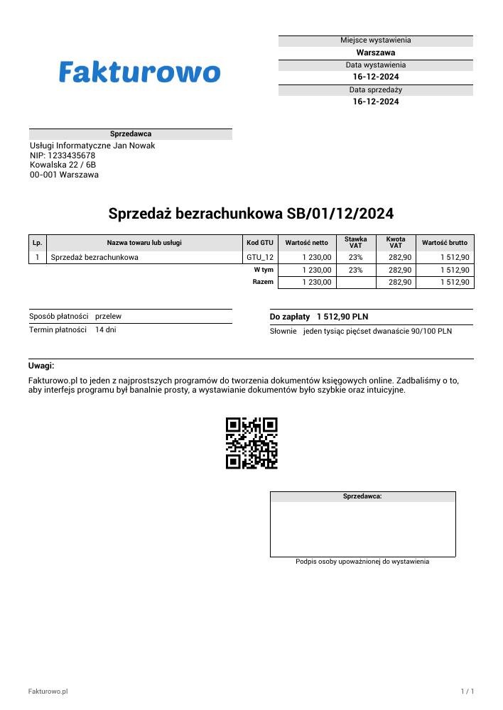 wzór PDF dokumentu sprzedaży bezrachunkowej