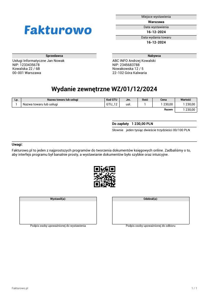 wzór PDF wydania zewnętrznego (WZ bez VAT)