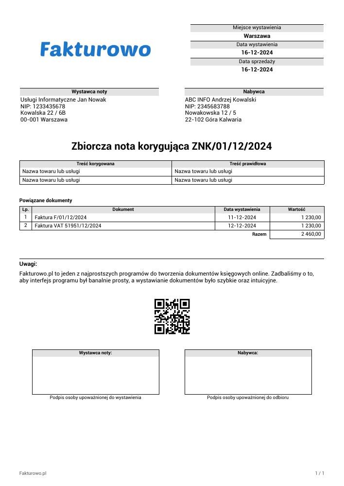 wzór PDF zbiorczej noty korygującej